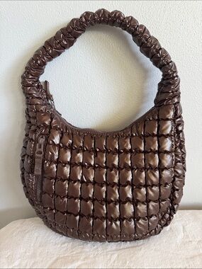 Quilted Brown Shoulder Bag with Ruched Handle